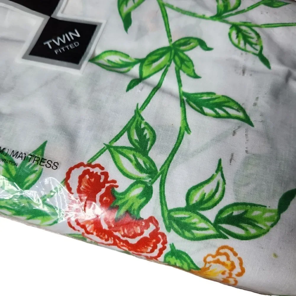 Vintage Lady Pepperell Twin Fitted Bed Sheet White Floral No Iron Muslin NEW
